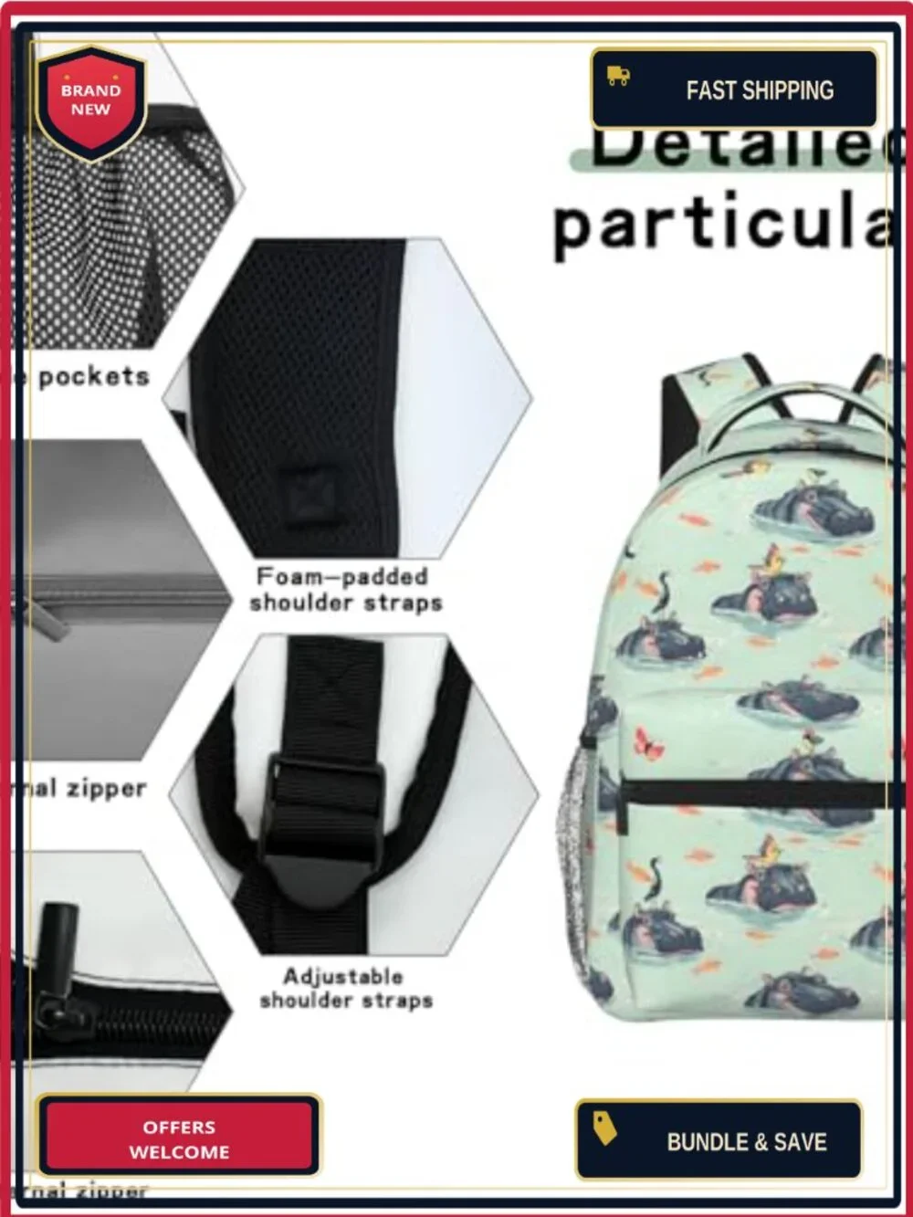 Cute Hippo Casual Backpack for Laptop, School, Travel Hiking - Polyester